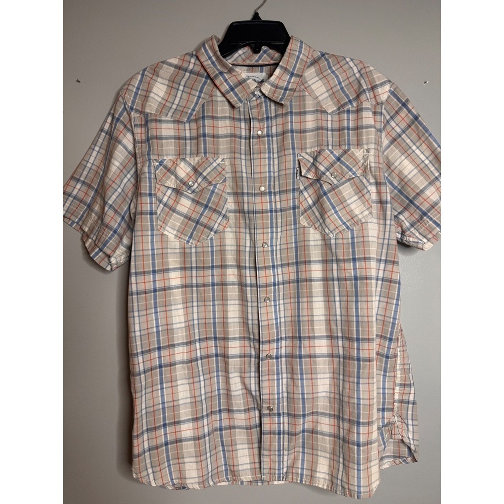 Levi Strauss & Co Western Shirt Mens XL Blue Orange Plaid Pearl Snap Excellent